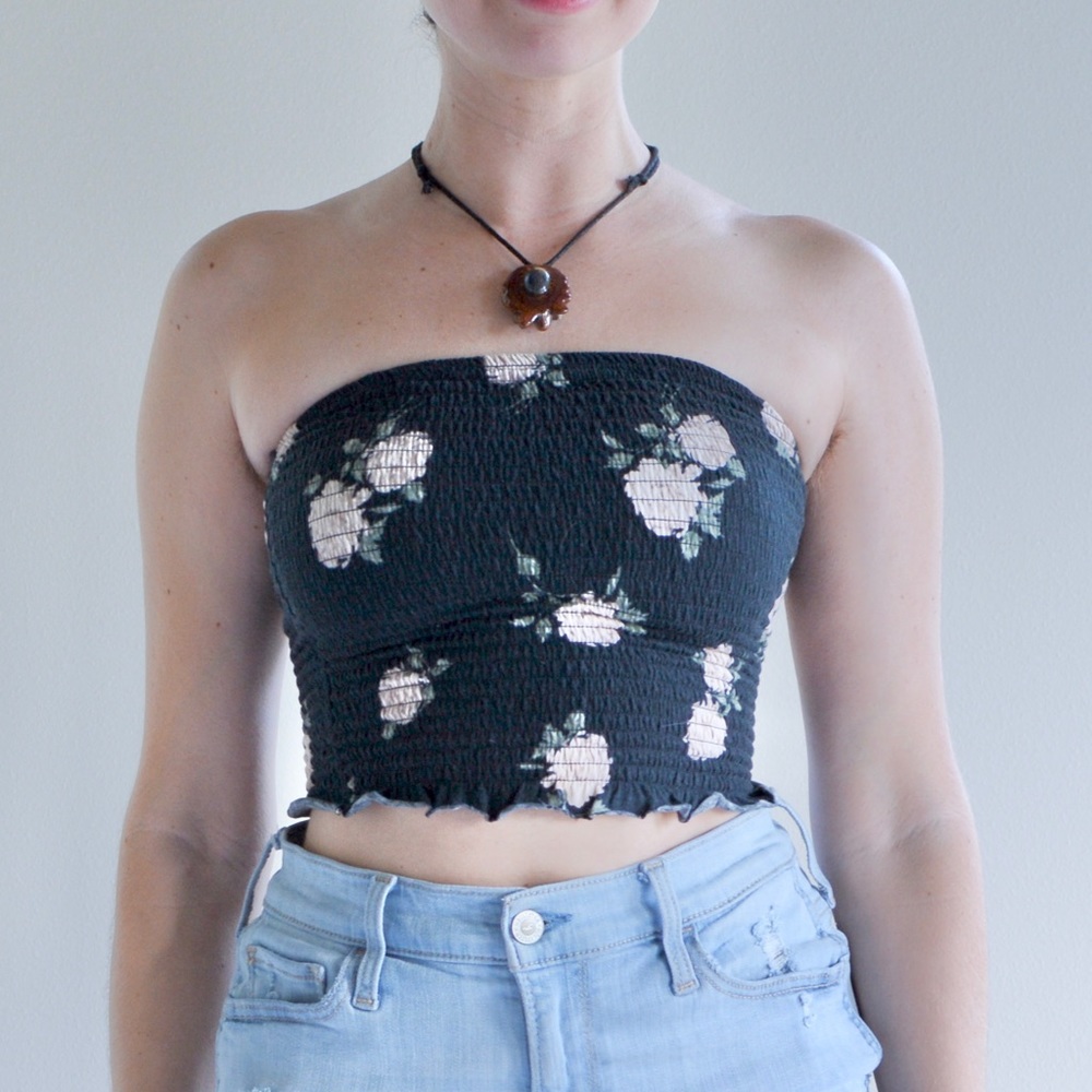 Garage Black Floral Smocked Tube Crop Top Lettuce Hem S